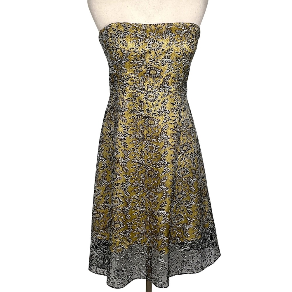 Kay‎ Unger New York Dress Women 8 Yellow Black Floral Lace Prom Party Cocktail